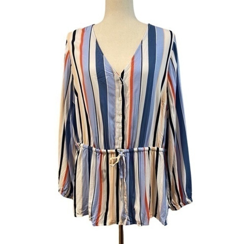 Size 18 Lane Bryant Blouse Striped Women Top Shirt Lightweight Drawstring Blue